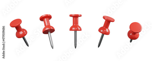 3D illustration, Collection of various red push pins. Thumbtacks