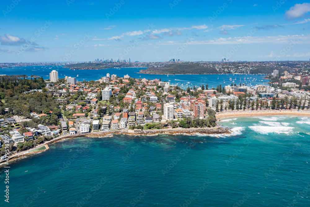 
Aerial drone view of iconic Manly Beach on the Northern Beaches of Sydney, Australia during summer on a sunny day 
