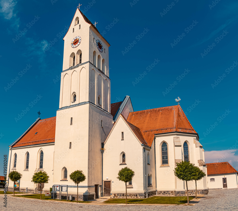 High resolution stitched panorama of a beautiful church on a sunny summer day at Jaegerwirth, Bavaria, Germany