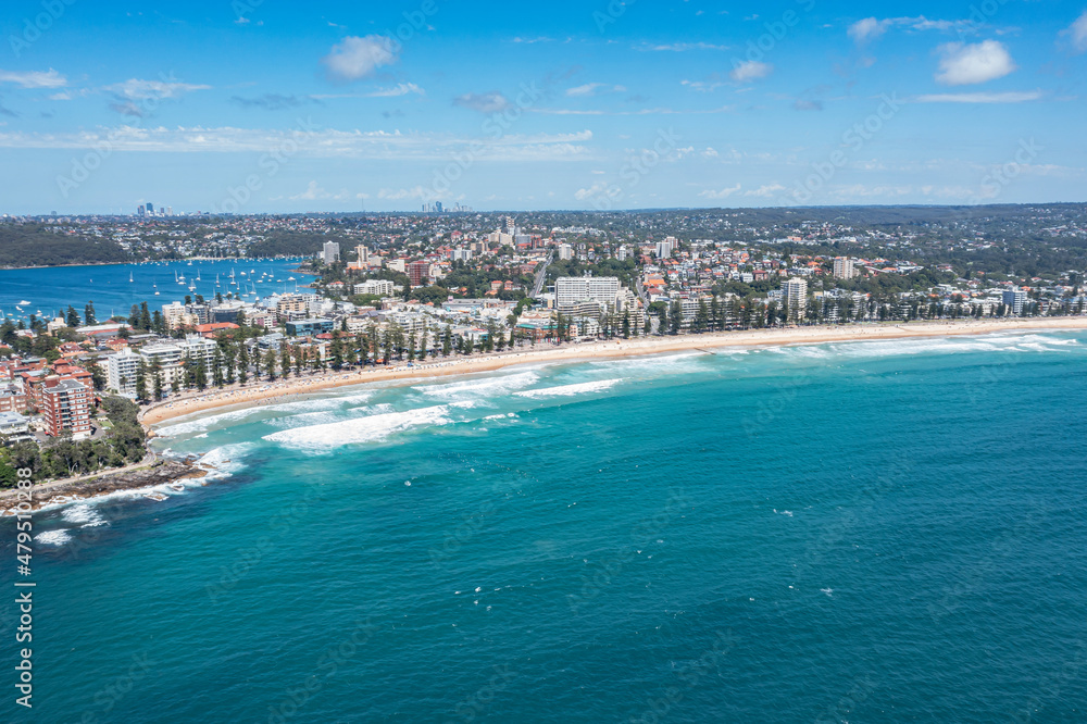 
Aerial drone view of iconic Manly Beach on the Northern Beaches of Sydney, Australia during summer on a sunny day 
