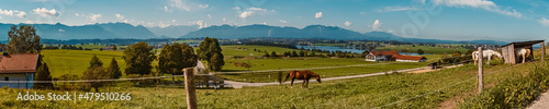 High resolution stitched panorama with the alps in the background at Aidling near the famous Riegsee lake, Bavaria, Germany