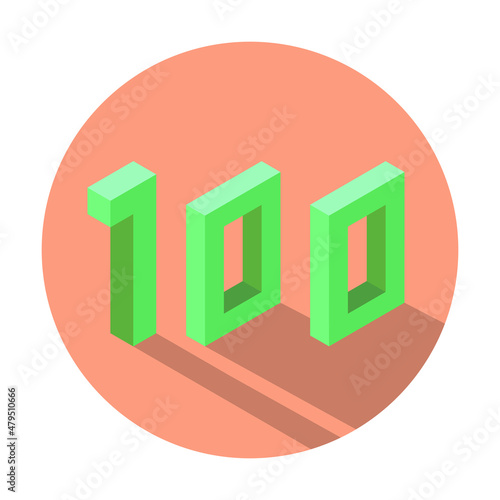 Isometric green number 100 with shadow in Light Salmon color circle