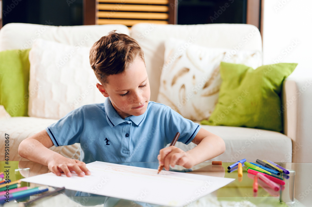 Back to school. Caucasian little schoolboy drawing picture at home. Home schooling Back to school. Caucasian little schoolboy drawing picture at home. Home schooling
