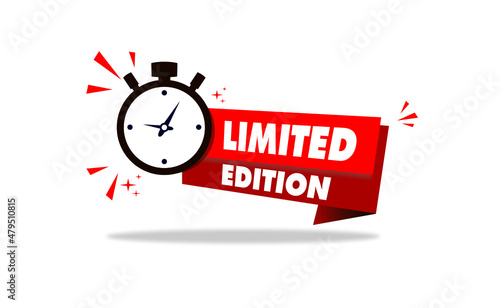 Red limited offer with clock for promotion, banner, price. Label countdown of time for offer sale or exclusive deal.Alarm clock with limited offer of chance on isolated background. vector illustration