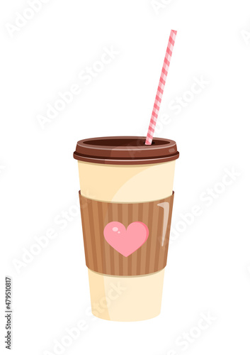Coffee paper cup with heart for postcard, textile, decor, poster, banner. Vector illustration of a plastic cup with a straw. Greeting card for Valentine's Day and other holidays.