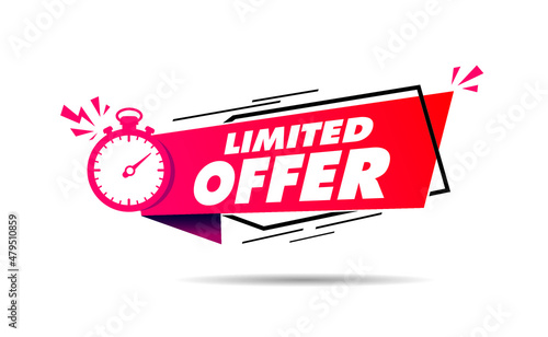 Modern vector red ribbon banner limited offer with stop clock.