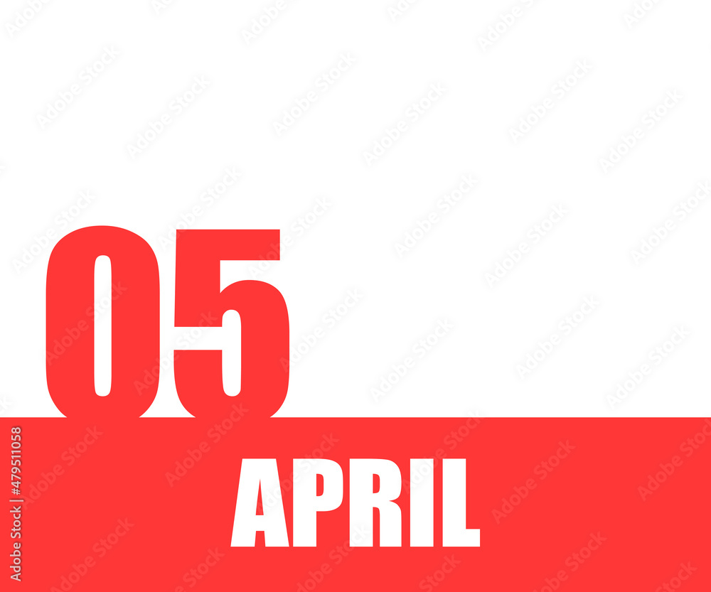 April. 05th day of month, calendar date. Red numbers and stripe with white text on isolated background. April. 05th day of month, calendar date. Red numbers and stripe with white text on isolated background.