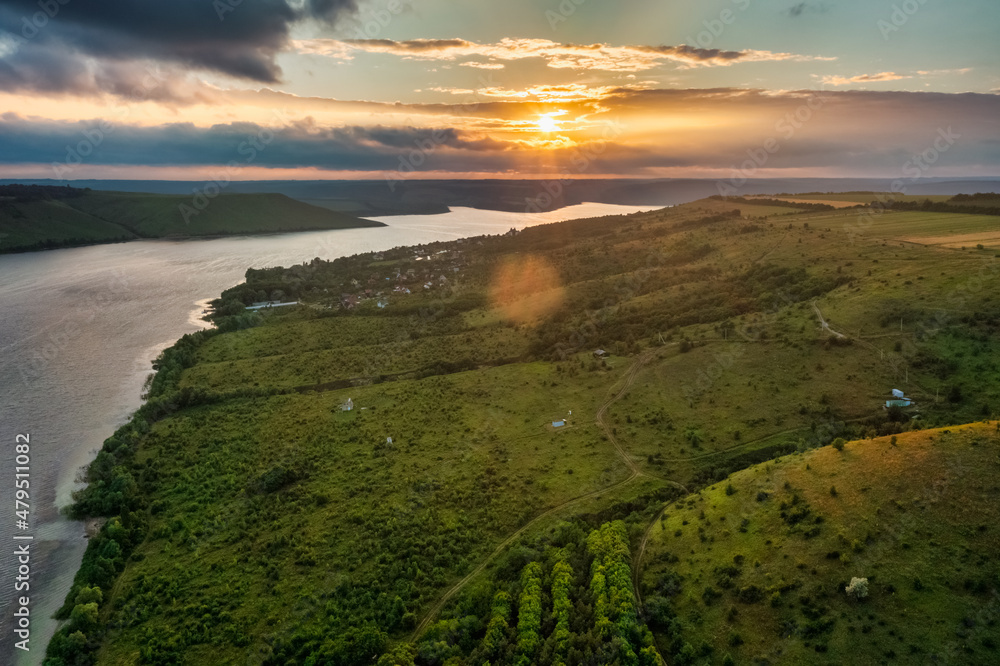 Beautiful landscape aerial view, sunset on the Dniester river, Bakota, Ukraine. Beautiful landscape aerial view, sunset on the Dniester river, Bakota, Ukraine.
