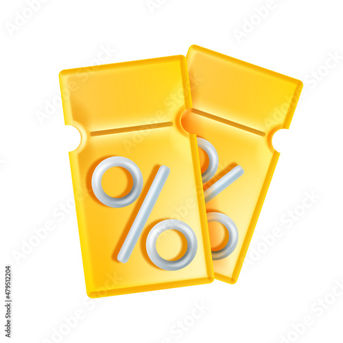 3D discount coupon illustration, vector voucher gift, bar code, yellow lucky ticket, percent sign. Sale bonus points illustration isolated on white, benefit special offer, pass badge. Discount coupon