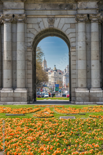 View of an arch of the Puerta de Alcalá in the historic center of Madrid.