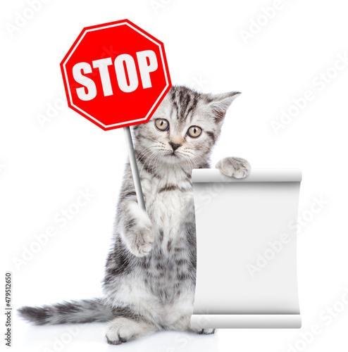 Cat holds stop sign and shows empty list. Isolated on white background
