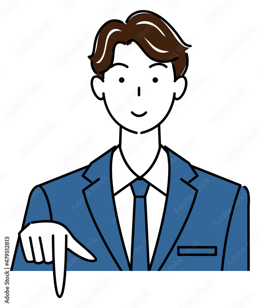笑顔で下の方向を指差しているスーツ姿の可愛い男性 ビジネスパーソン イラスト ベクター
A cute guy in a suit smiling and pointing in the direction below. Business person illustration vector