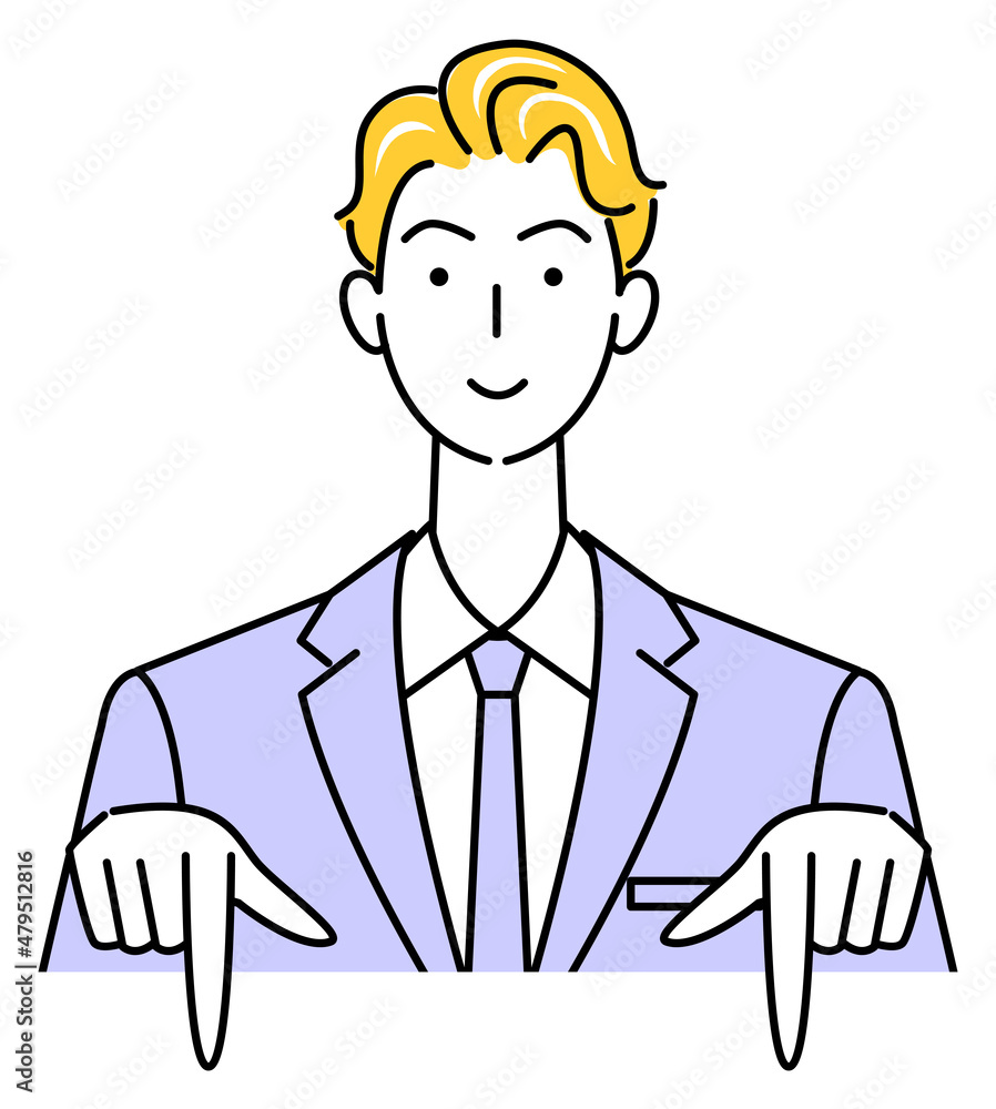 笑顔で下の方向を指差しているスーツ姿の可愛い男性 ビジネスパーソン イラスト ベクター 笑顔で下の方向を指差しているスーツ姿の可愛い男性 ビジネスパーソン イラスト ベクター