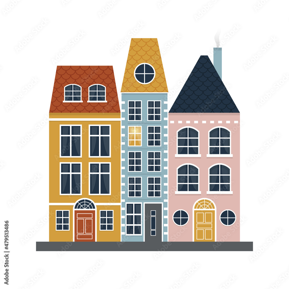 Scandi colorful houses. Scandinavian style city.