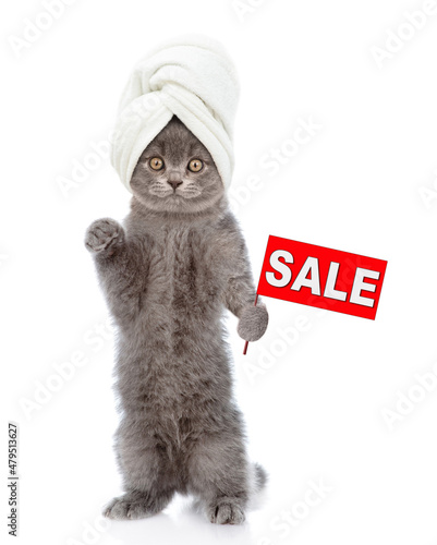Funny tiny kitten with towel on it head shows sales symbol. isolated on white background