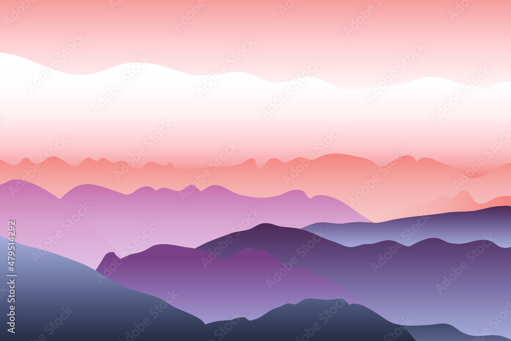 vector illustration of a panoramic mountain landscape in calming coral shades