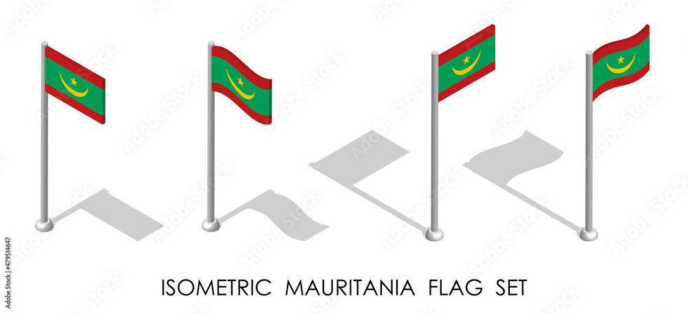 isometric flag of MAURITANIA in static position and in motion on flagpole. 3d vector