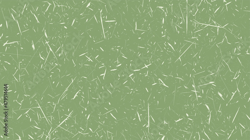 Small dry leaves and twigs of plants on green background. Carelessly scattered dry debris of plant residues. Texture of old poster back. Vector