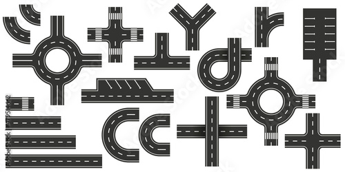 Top view Road elements. Set of Design Element for city map. Street with footpath and crossroad set. Road seamless constructor. Highway asphalt path traffic street. Street junction and road object