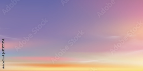Sunset in evening with Purple,Orange,Blue,Pink Sky,Dramatic twilight landscape ,Vector horizon Sky banner in Morning sunrise with colour trend 2022 Very Peri of sunlight for four seasons