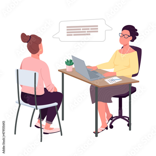 Women on job interview semi flat color vector characters. Talking figure. Full body peopleon white. Human resources isolated modern cartoon style illustration for graphic design and animation