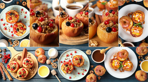 Photo collage of tasty stuffed baked apples