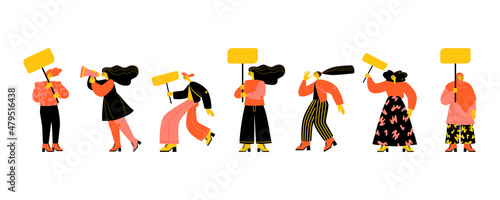 Set of vector illustrations of women protesting with banners and megaphone. Stylized images for international women's day
