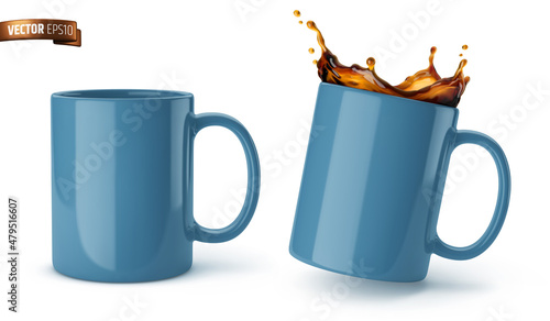Vector realistic illustration of blue ceramic mugs on a white background.