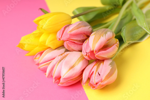 Fototapeta Naklejka Na Ścianę i Meble -  Bouquet of tulips on two tone background, close up