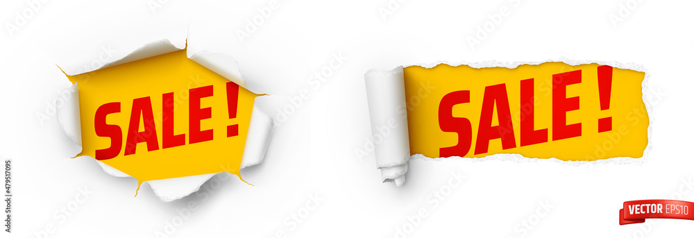 Vector realistic illustration of white ripped paper on a yellow background with 