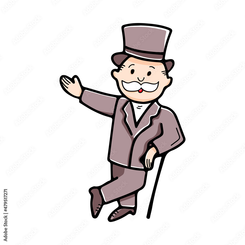 Elderly gentleman in top hat with walking stick in doodle style isolated on white background. Vector hand drawn illustration Elderly gentleman in top hat with walking stick in doodle style isolated on white background. Vector hand drawn illustration