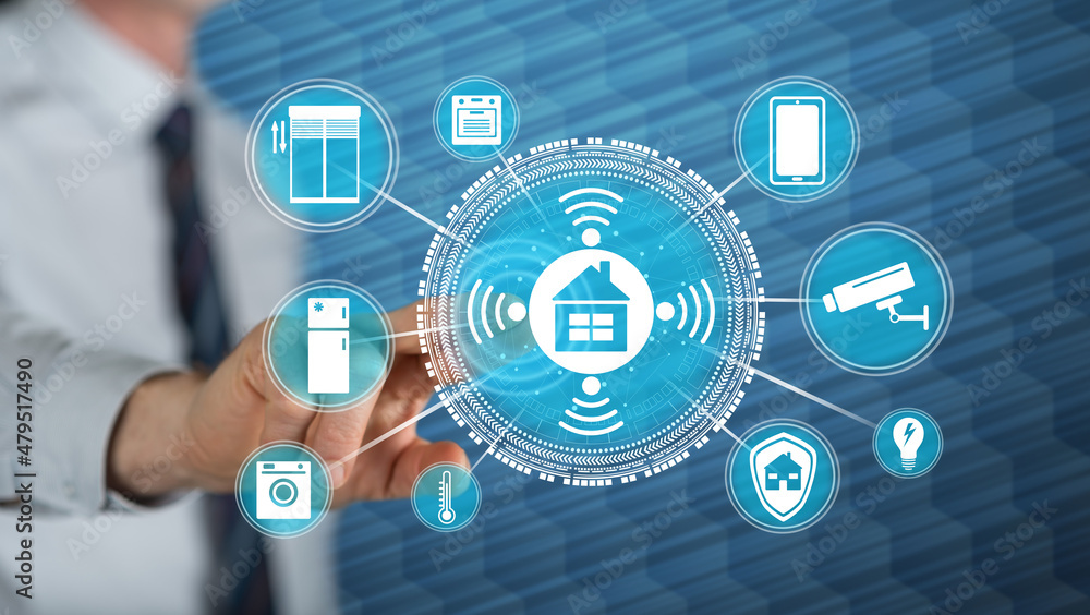 Man touching a smart home concept Man touching a smart home concept