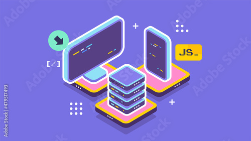 Open source vector illustration. Programming language concept. Developer protocol platform interface with code information. Digital software script.
