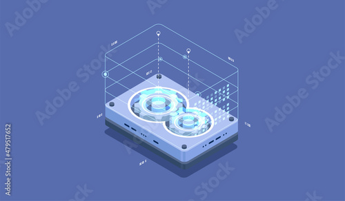 Technology infographic design for quantum computer. Blockchain server concept, server room, database, information storage. Creative data concept.