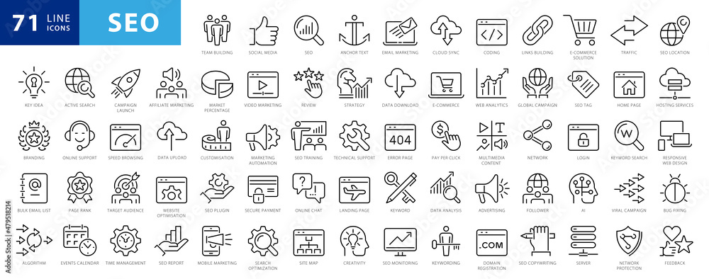 Outline web icons set - Search Engine Optimization. Thin line web icon collection. Simple vector illustration - obrazy, fototapety, plakaty 