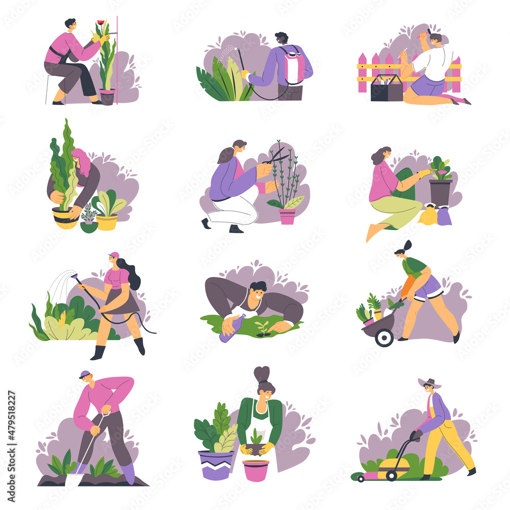 Fototapeta premium Gardening people planting flowers, botany in pots