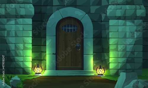 Wooden ancient medieval castle door with brick wall, stones and two street lights. Night scene. Cartoon vector illustration for 2d game.