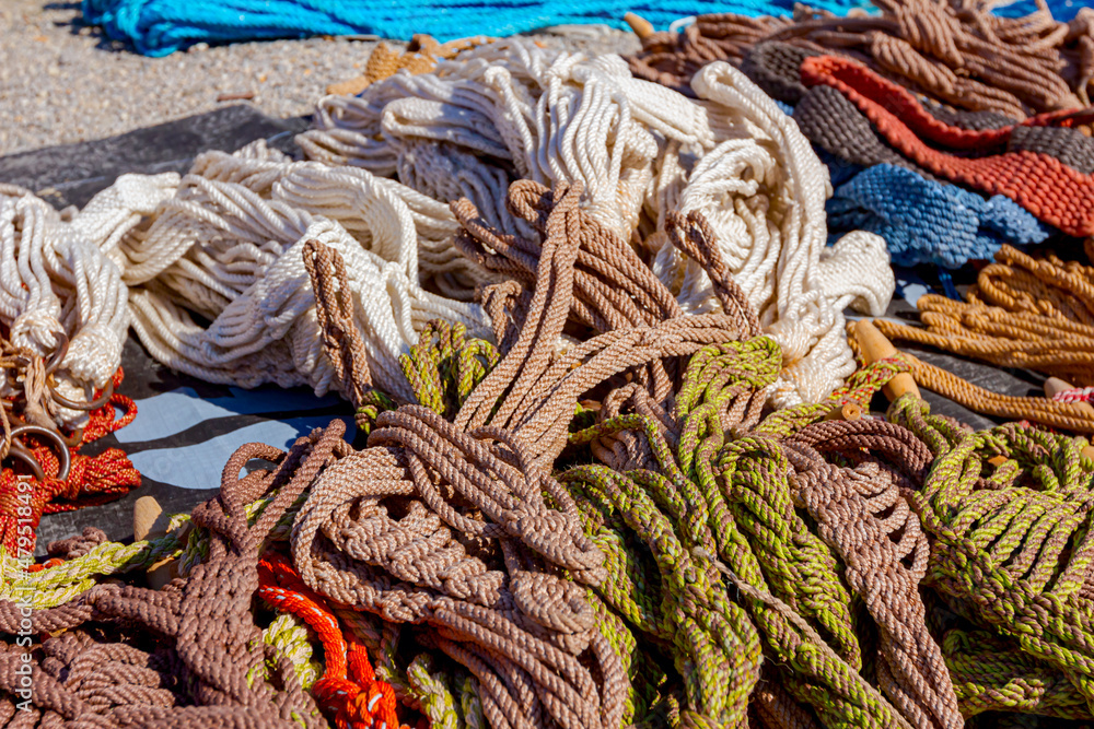View on pile of hemp ropes for selling on the street market