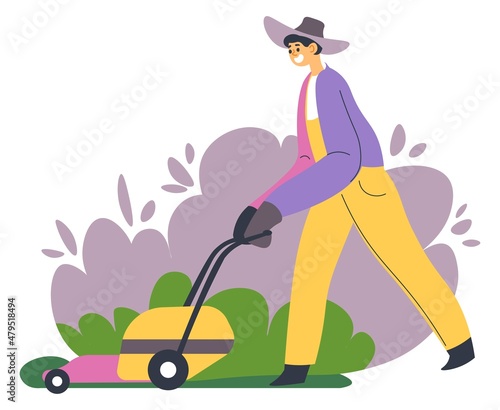 Gardening person with lawn mower tending yard