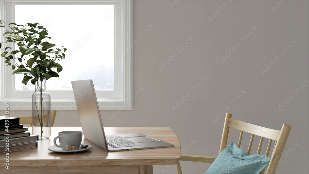 3D interior render of beautiful workspace at home. Modern design desk and chair with computer laptop, lamp, books, house plants and a cup of coffee on top with morning sunlight through window. 3D interior render of beautiful workspace at home. Modern design desk and chair with computer laptop, lamp, books, house plants and a cup of coffee on top with morning sunlight through window.