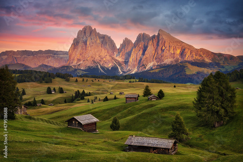 Alpe di Siusi (Seiser Alm) in the Dolomites in Italy during Sunset