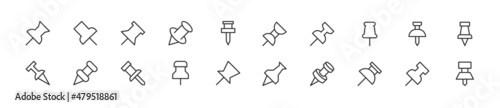 Set of simple push pin line icons.