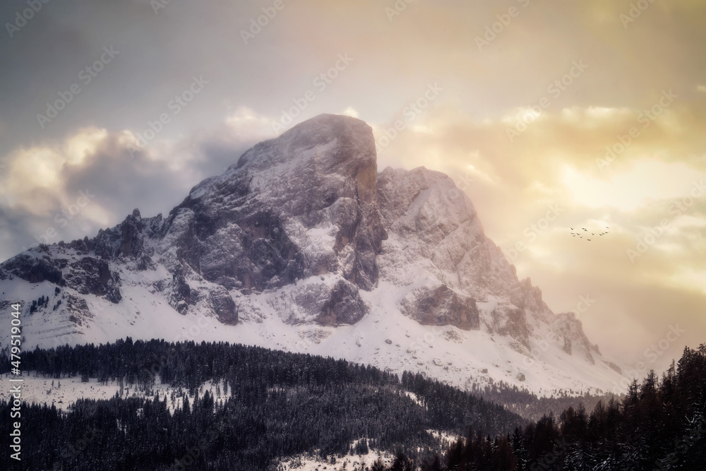 Sunset of the mountains in the Dolomites in winter Sunset of the mountains in the Dolomites in winter