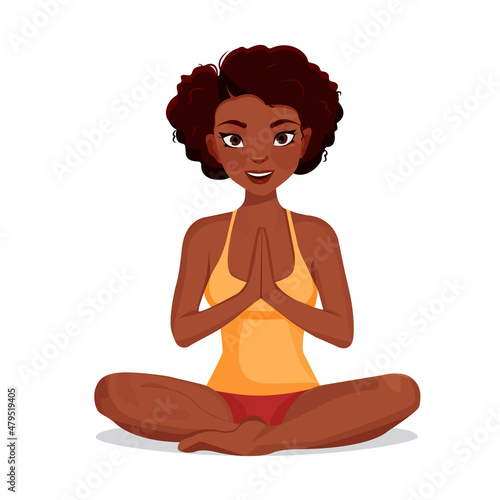 african american woman doing yoga meditation. Black female character isolated vector illustration