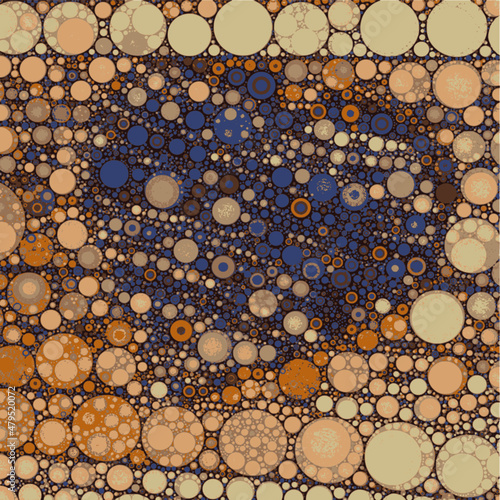 A blue heart made out of circles in the middle of orange-beige circles