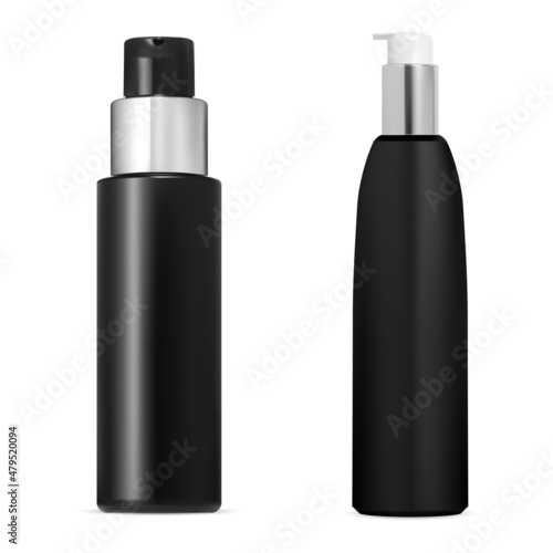 Black pump bottle, silver cap. Foundation container mockup. Smail airless press cap bottle, serum dispenser. Realistic skin care oil flacon illustration. Facial base mousse cosmetics tube