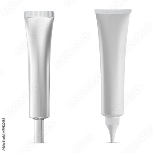 Cyanoacrylate super glue tube. Cosmetic ointment silver plastic tube, hand cream packaging template. Adhesive superglue gel tube, eye lash glue package blank, long container photo