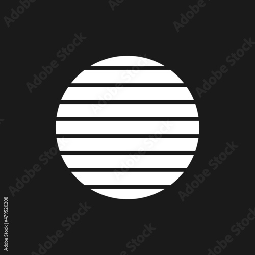 Retrowave sun, sunset or sunrise 1980s style. Synthwave black and white circle shape. Retrowave circle design element with horizontal stripes for poster, merch in vaporwave style. © Askha