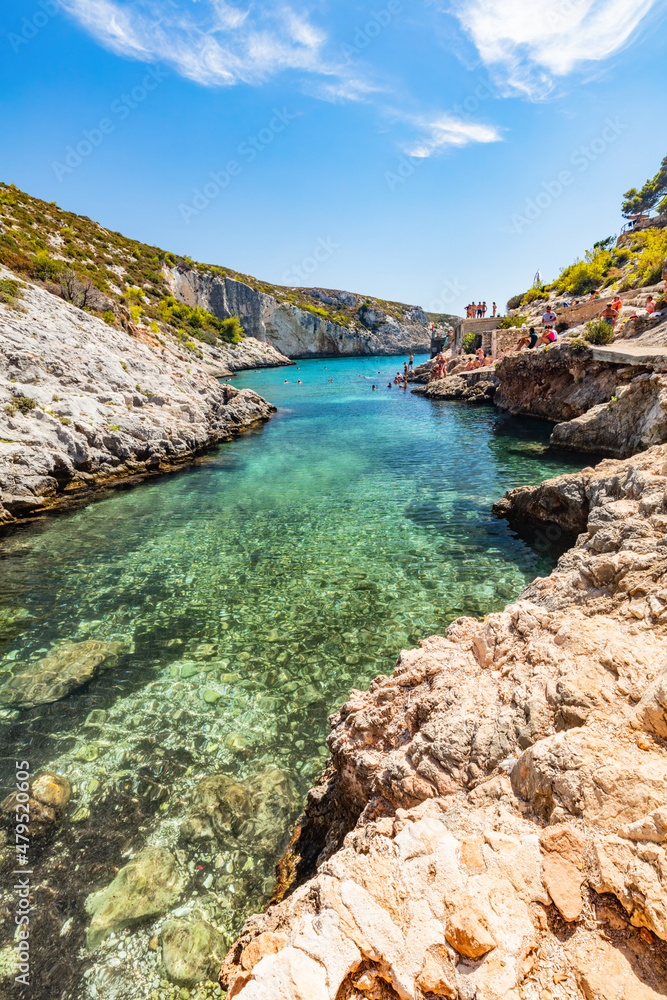 Zakynthos, Greece. Tourists swimming and snorkeling at Porto Limnionas Beach