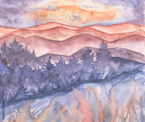 Carpathians mountains  forest and sky. Watercolor landscape with blue forest trees.